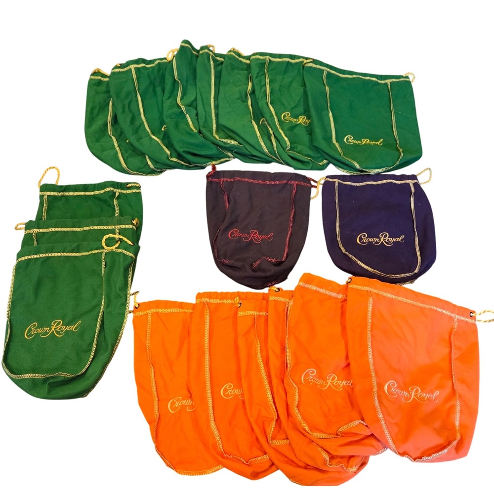 Crown Royal Drawstring Bags Lot of 18 Green Orange Purple Black Collectible